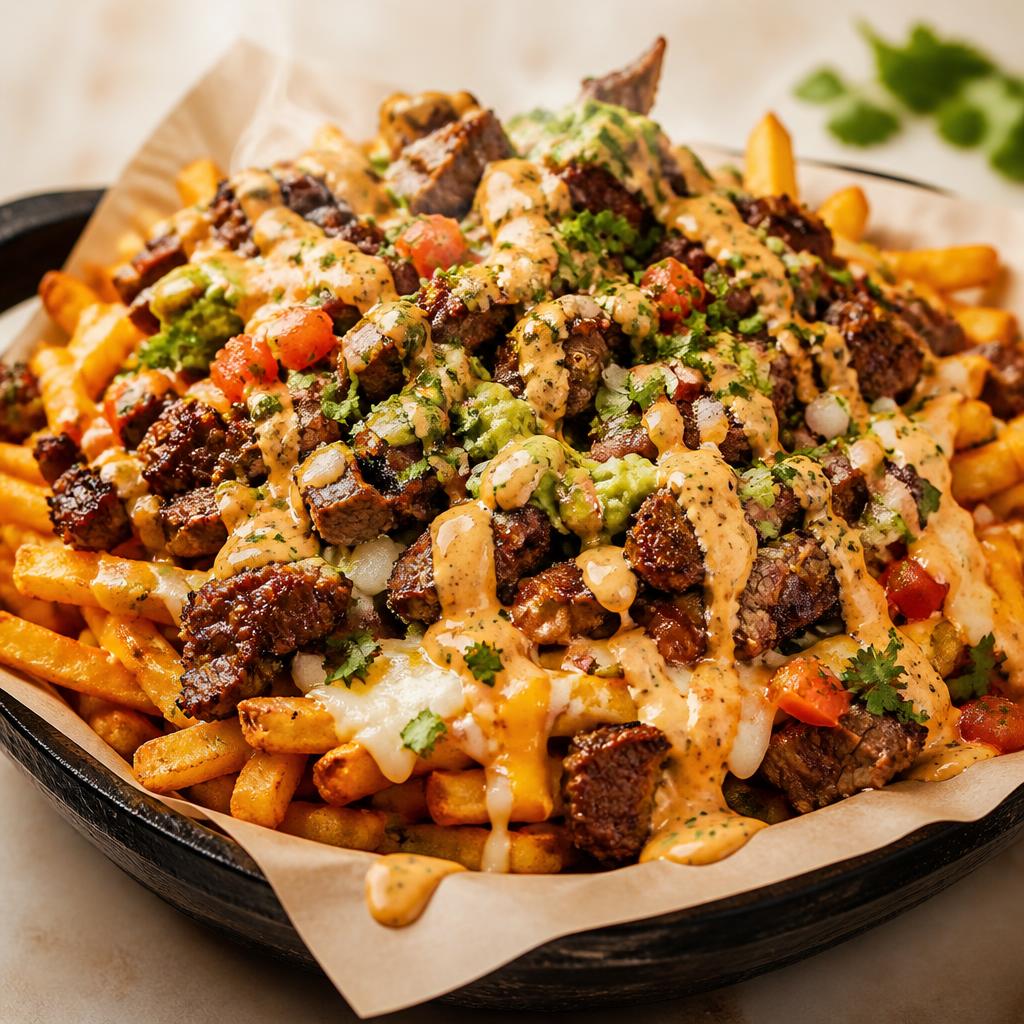 Loaded Bandido fries topped with chopped carne asada, cheese, guacamole and special chipotle sauce