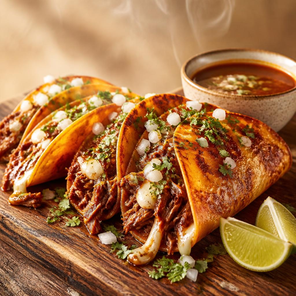 Quesabirria tacos on handmade corn tortillas with melted cheese, consomé and lime
